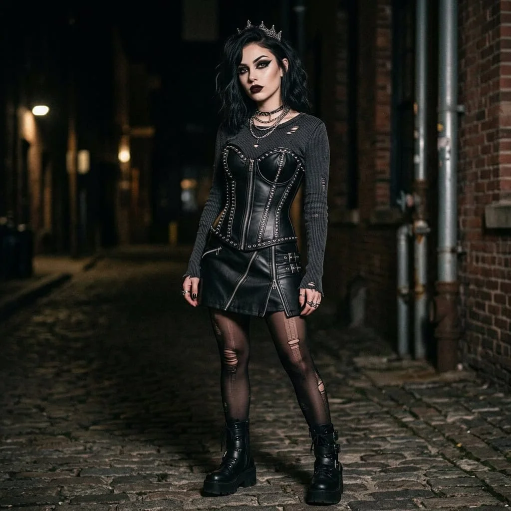 Black leather corset with metallic zipper voodoo stitches.