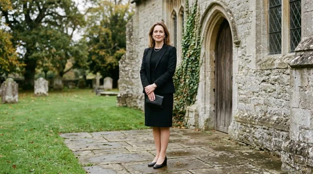 Woman wearing appropriate funeral attire for women in tailored black dress