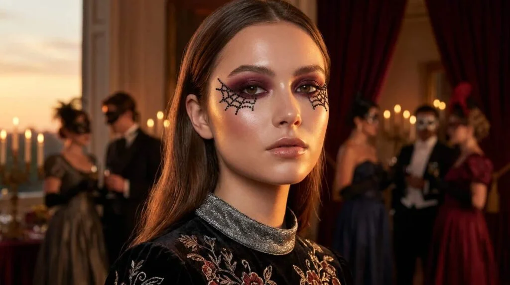 Beautiful woman wearing soft glam halloween face paint with rhinestone cobweb details.