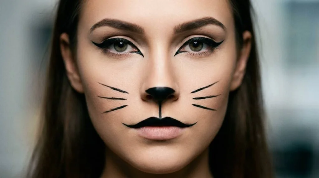 Finished easy cat makeup Halloween look on a woman.