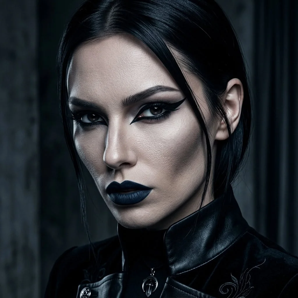 Extreme cool toned contouring and graphic liner for a sleek sorceress aesthetic.