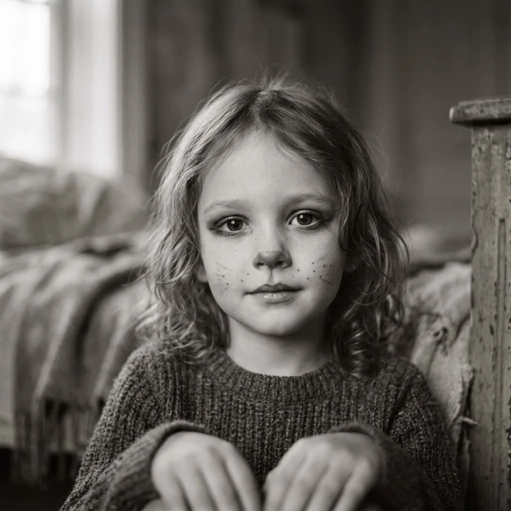 Monochrome charcoal gray cat makeup kids vintage soft focus