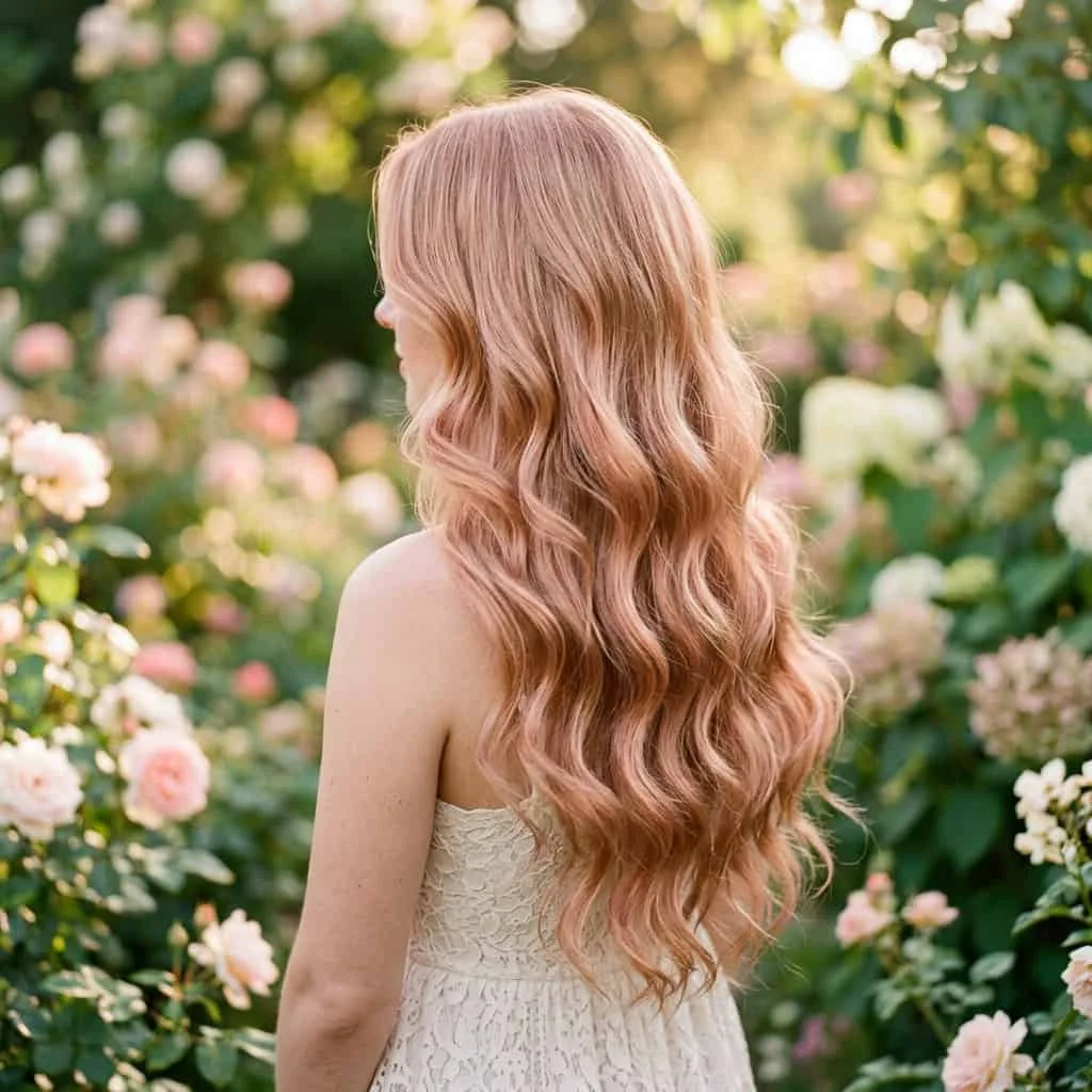 Long wavy hair featuring a sheer shimmering strawberry glaze pink-copper