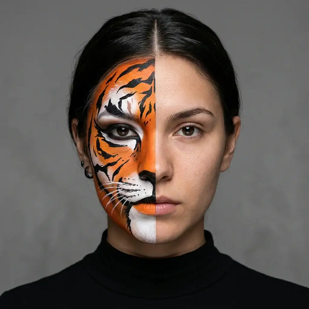 half-face tiger makeup design with bare skin contrast
