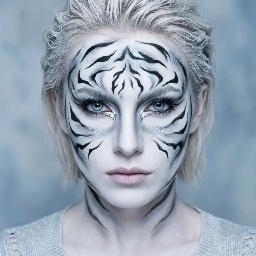 white tiger reverse palette face paint with grey and silver tones