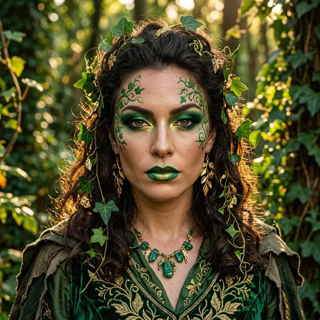 Metallic emerald green eyeshadow and delicate painted leaves for an ivy look.