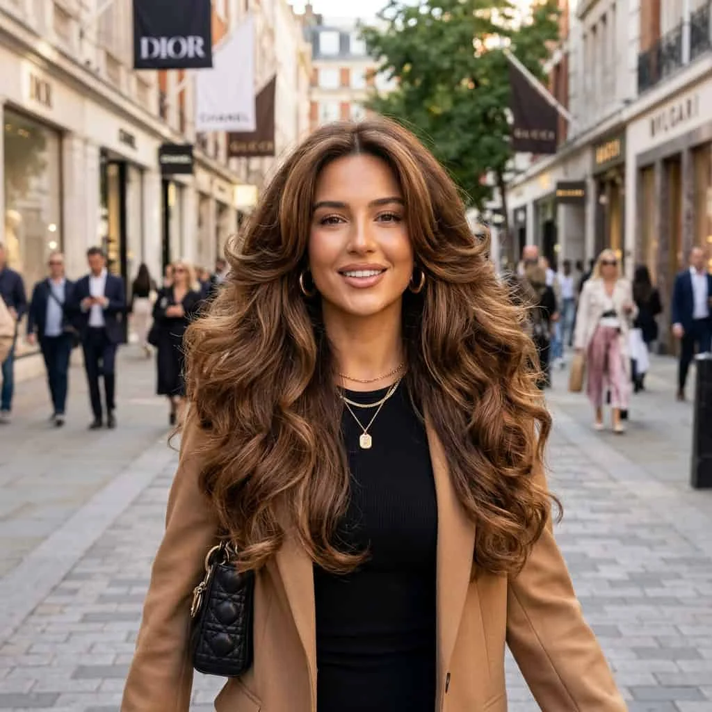 Massively voluminous butterfly layers hair medium for thick hair.