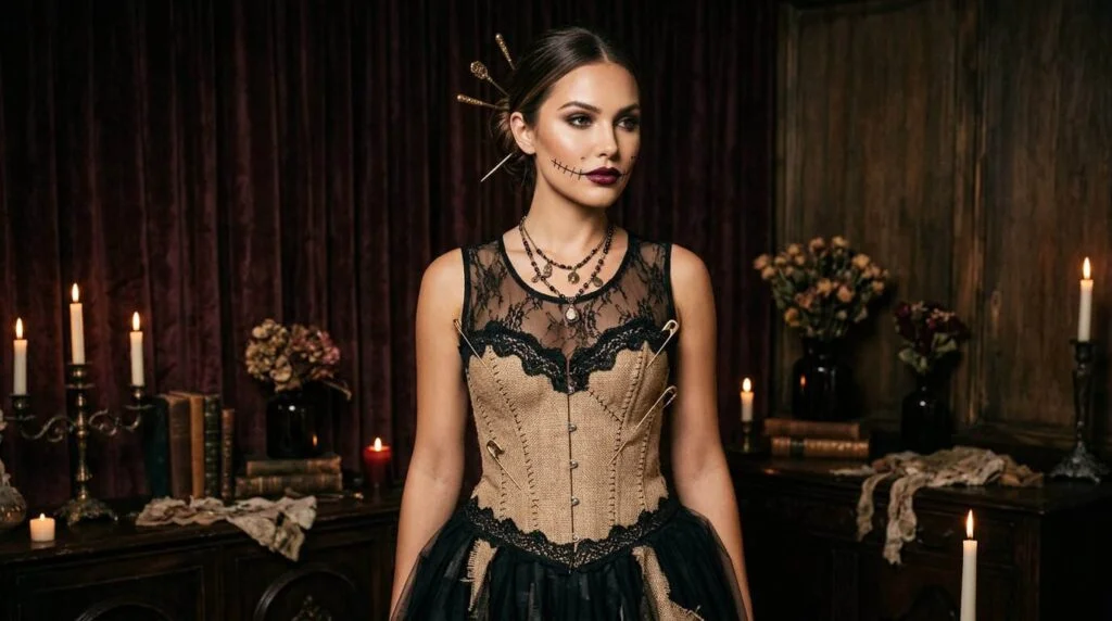 Beautiful woman modeling a chic voodoo doll costume with elegant stitches.