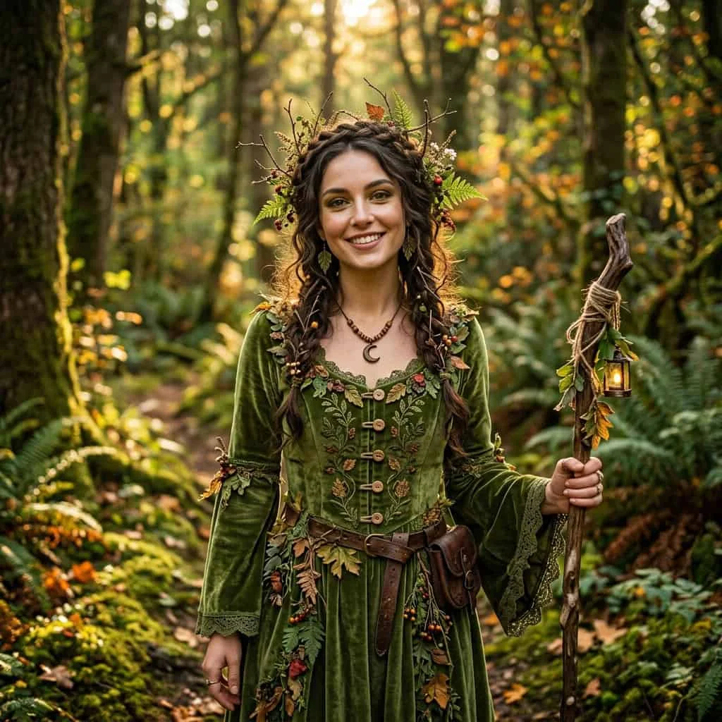 Moss green velvet dress with wooden buttons and twig accessories.